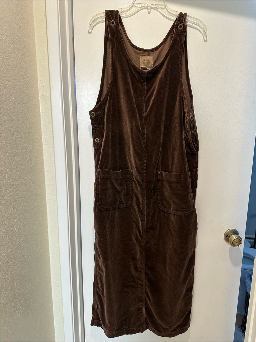 Vintage A.M.I. Chocolate Brown Velvet Midi Pinafore Dress Size Large 100% Cotton